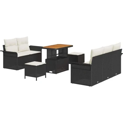 Image of vidaXL 8 Piece Garden Sofa Set with Cushions Black Poly Rattan Acacia
