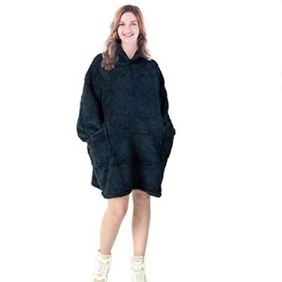 Image of EHC Unisex Oversized Wearable Soft Warm Teddy Fleece Hoodie Sweatshirt Cuddly Blanket, Gift For Her, Him 80 x 90 cm, Navy Blue