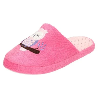 Image of Spot On Ladies Owl Print Mule Slippers X2093 Fuchsia Textile Fabric UK Size 7 8 EU 40 41 US 9 10