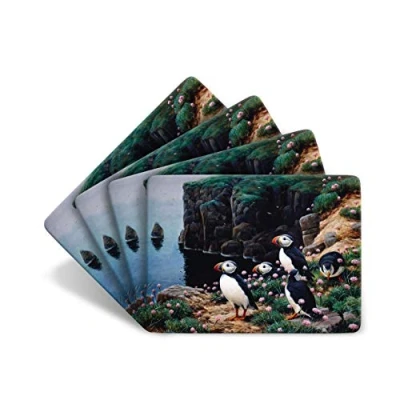 Image of Julian Friers Puffins Cliff Edge Large Table Mats by Wildlife Artist Set of 4 Non slip Cork backed Placemat