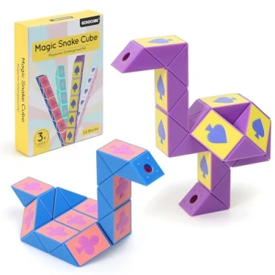 Image of ECHOCUBE Magic Snake Cube with Poker Themed, 2 Pack 24 Blocks Speed Party Bag Fillers for Kids, Twist Puzzle Toys Educational Fidget Favours (Purple &amp; Blue)