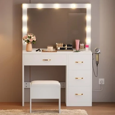 Image of YITAHOME Dressing Table,Vanity Table with LED Bulb Mirror,Bedroom Tables Charging Socket,Vanity Desk Drawers &amp; Stool,White