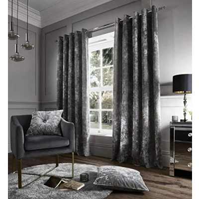 Image of Hachette Crushed Velvet Eyelet Ring Top Pair of Fully Lined Curtains (Charcoal Grey, 46&quot; x 54&quot;)