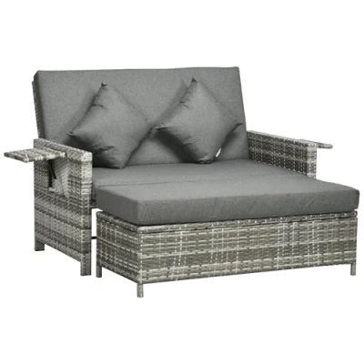 Image of Outsunny 2 Seater Assembled Garden Patio Outdoor Rattan Furniture Sofa Sun Lounger Daybed with Fire Retardant Sponge Grey