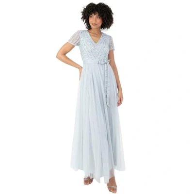 Image of Maya Deluxe Women&#039;s Maxi Dress Ladies Bridesmaid V Neck Ball Gown Short Sleeves Long Elegant Empire Waist Wedding, Ice Blue, 10