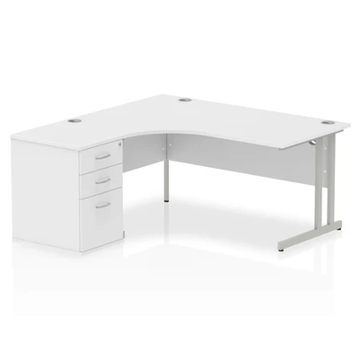 Image of Impulse 1600mm Left Crescent Office Desk White Top Silver Cantilever Leg Workstation 600 Deep High Pedestal