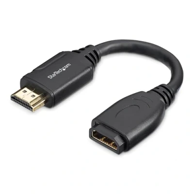 Image of StarTech.com 6&quot; (15cm) HDMI Port Saver Cable 4K 60Hz High Speed 2.0 Extension with Ethernet Short Male to Female Adapter Cord (HD2MF6INL)