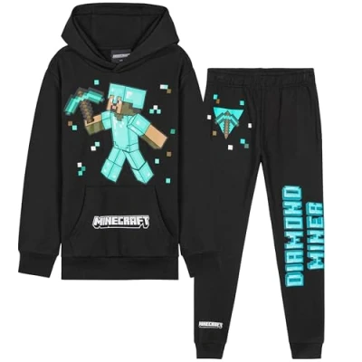 Image of Minecraft Boys Tracksuit Set Comfy Loungewear Activewear Gaming Gifts for (Black/Blue, 13 14 Years)