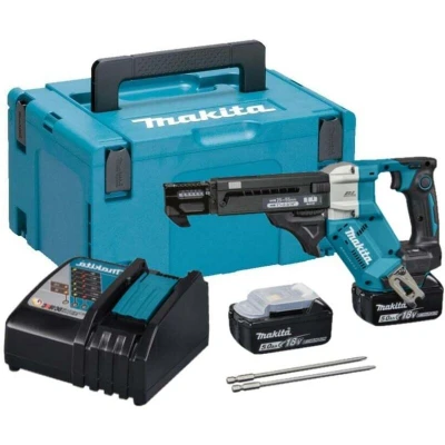 Image of Makita DFR551RTJ 18V Li ion LXT Brushless Auto Feed Screwdriver Complete with 2 x 5.0 Ah Batteries and Charger Supplied in a Makpac Case
