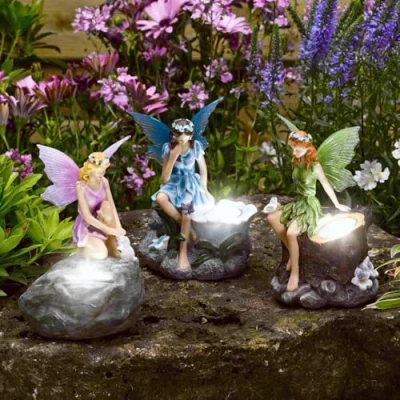Image of Garden Mile® Pack Of 3 Fairy Statues With Solar Spotlights Outdoor Novelty Lighting LED Lights Ornaments In Pink Blue And Green.