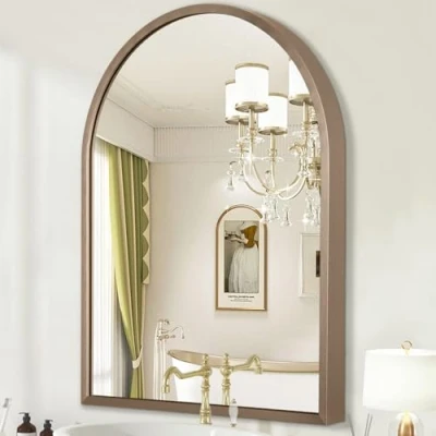 Image of HLFMVWE Large Arched Wall Mirror Aluminum Alloy Frame Bathroom Brushed Metal Vanity Mounted for LivingRoom Bedroom Entryway Brass 65 x 45cm