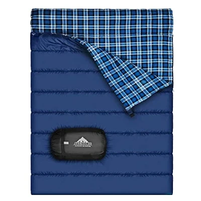 Image of Cotton Flannel Double Sleeping Bag For Camping, Backpacking, Or Hiking. Queen Size 2 Person Waterproof Adults Teens. Truck, Tent, Pad, Lightweight