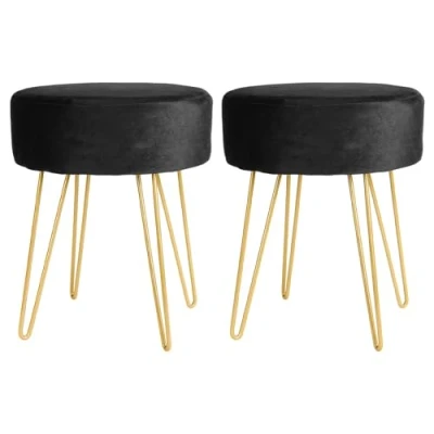 Image of Harbour Housewares 2x Black/Gold H40 x D35cm Round Velvet Footstools Small Living Room Dressing Table Footstool Ottoman Pouffe Chair Seat