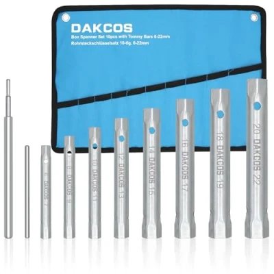 Image of DAKCOS 10PCS Box Spanner Set with Tommy Bar, 6 22mm Metric Tap Set, Tubular