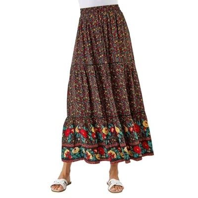 Image of Roman Originals Gypsy Maxi Skirt for Women UK Ladies Tiered Bohemian Long Ankle Length Cotton Elasticated Waistband High Waist Monochrome Lounge Lightweight Holiday Red Black Size 12