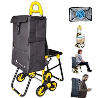 Image of VOUNOT Shopping Trolley 2920551186532, 35L Waterproof, 6 Wheels Stair Climbing, Foldable Utility Cart with Seat, 95KG Weight Capacity, Black&amp;yellow