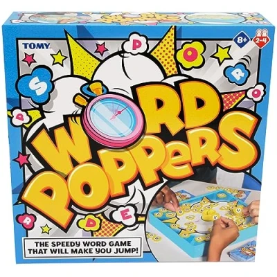 Image of TOMY Games Word Poppers Race to Make Words Before Timer Board Pops 2 4 player Family for Kids and Adults Card 8 Year Olds Up