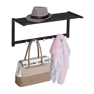 Image of Relaxdays Wall Coat Rack with Shelf, Wardrobe Rail 5 Hooks, Hallway &amp; Bathroom, Modern, Metal, 28 x 65 25 cm, Black