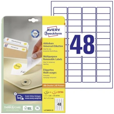Image of Avery L4736REV 25 Printable, Customisable Removable Mini Labels, 48 Labels Per A4 Sheet White, 45,7 x 21,2 mm