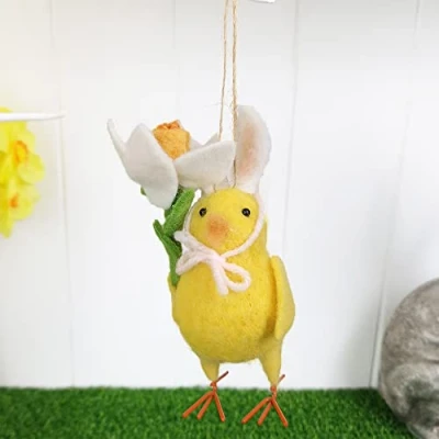 Image of Felted Chick &amp; Daffodil Easter Tree Decoration Hanging Ornament Gisela Graham