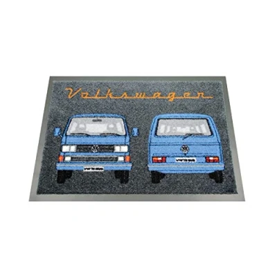 Image of BRISA VW Collection Volkswagen Foot Mat Doormat Rug Shoe Dirt Trapper with T3 Vanagon Bus Motif (Bus Front/Blue)