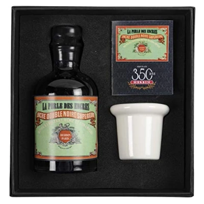 Image of Jacques Herbin Ref 27909T 100ml Bottle of &#039;Special 350 Years&#039; Ink with Inkwell Box &amp; Porcelain Perle Noire / Black Pearl Coloured