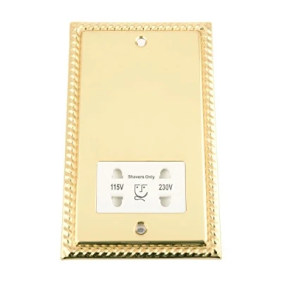 Image of Shaver Socket Dual Voltage 115V/ 230V Polished Brass Georgian White