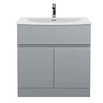Image of Hudson Reed URB205G Urban Modern Bathroom Floor Standing 2 Soft Close Doors and 1 Drawer Vanity Unit with Round Ceramic Basin 30mm Profile, 800mm, Satin Grey