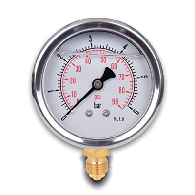 Image of Stainless steel radial pressure gauge D.63 mm with 1/4 glycerine connector from the bottom (0 6 bar)