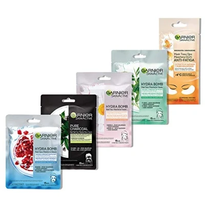 Image of Garnier Skin Active Hydra Bomb 5 Care Fabric Masks Moisturising Purifying Soothing Mattifying and Anti Dark Circles Face Eye Contour Set of