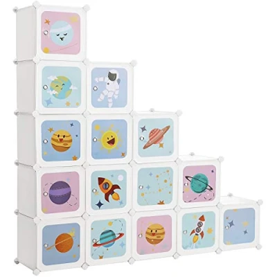 Image of SONGMICS 15 Cube Children’s Storage Unit, Interlocking Organiser Cabinet for Kids, Plastic Shelves, Modular Wardrobe with Doors, Clothes Shoes Toys School Bags, 153 x 31 cm White LPC902W