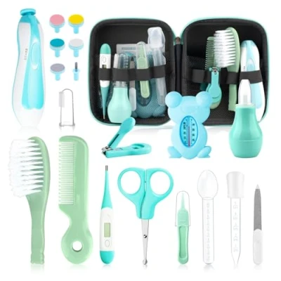 Image of Baby Healthcare and Grooming Kit, 26 in 1 Portable Safety Care Set with Hair Brush Comb Nasal Aspirator Electric Nail Trimmer Essentials kit for Newborn Boys Girls (Green 1)
