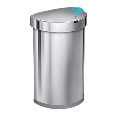 Image of simplehuman ST2009 45L Semi Round Sensor Bin, Automatic Motion Control, Fingerprint Proof, Brushed Stainless Steel, W 39.1cm x H 64.1cm D 32.6cm