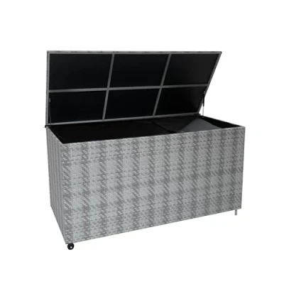Image of Rattan Garden Storage Grey Box &amp; Waterproof Lining Cover Large Cushion Blanket Tools Toys Furniture Chest 700L Outdoor Patio Deck Steel Frame Weather Resistant Gas Lift Lid Portable Wheels