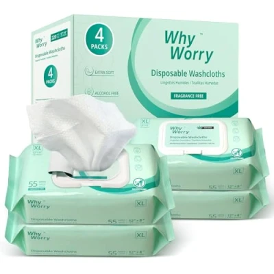Image of WhyWorry Wet Wipes for Adults, Extra Large 20x30 cm Body Cleaning Elderly Care &amp; Incontinence Cleansing, Thick Adult Washcloths Disposable with Aloe Vitamin E, Unscented, 220 Count