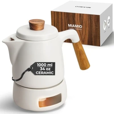 Image of MIAMIO Teapot with Warmer, 1000ML CeramicTeapot Removable Infuser for Loose Tea (White)