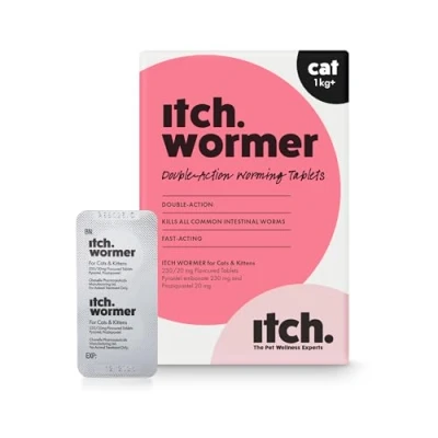 Image of Itch Worming Tablets for Cats 1kg+ 2 Tablet Treats Roundworms and Tapeworms Kills Worm Larvae