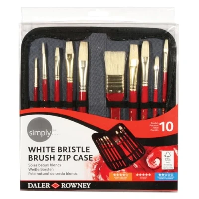 Image of Daler Rowney Simply Oil Brush Set in Zip Case, 10 x Assorted White Bristle Hair Brushes, Short Handle, Ideal for Entry Level Artists &amp; Hobbyists