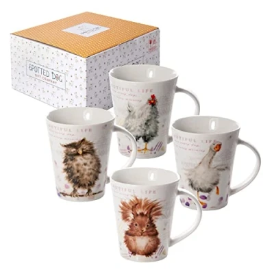 Image of SPOTTED DOG Gift COMPANY Mug Set of 4 Animal Coffee Mugs with Owl Squirrel Chicken and Goose Design, Ceramic Porcelain China Tea Cups, Gifts for Lovers Box, 360ml