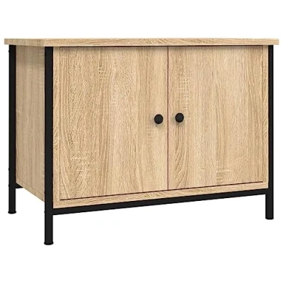 Image of vidaXL Engineered Wood TV Cabinet with Doors Brown Oak, Stylish Storage Space 4 Compartments, Metal Feet, For Living Room and Bedroom