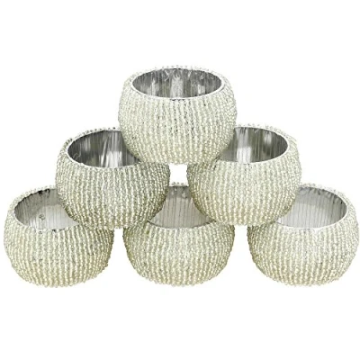 Image of Beaded Napkin Rings Silver Set of 6 Table Decorative Ornaments