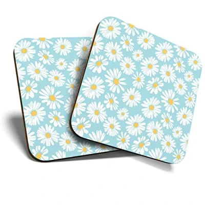Image of 2 x Square Coasters Pretty Daisy Pattern Girls Cork Backed Home Kitchen Accessory Tea Coffee Mug Mat #46198
