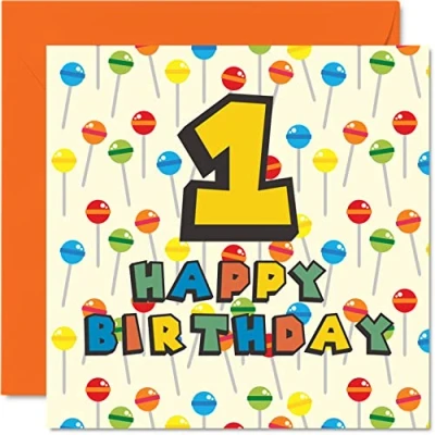Image of 1st Birthday Card Unisex Lollipop Sweets Candy Happy 1 Year Old Son Daughter Brother Sister Grandson Granddaughter Niece Nephew Cousin, 145mm x First Bday Greeting