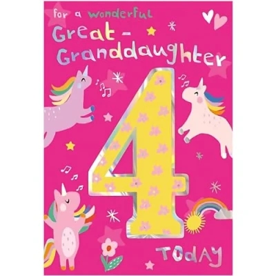 Image of Great Granddaughter 4th Birthday Card Age 4 Rainbow Unicorn Design Special Finishes and Illustrated Insert Leaf Made in the UK
