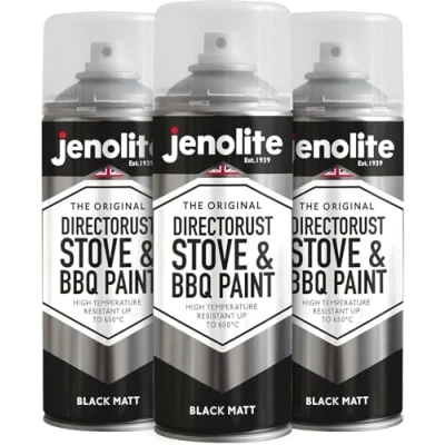 Image of JENOLITE Directorust BBQ &amp; Stove Spray Paint BLACK 3x400ml Very High Temperature Up to 650C Barbecue Paint, Chimineas, Wood Burner, Automotive, Fire Screens Surrounds