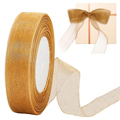 Image of Sheer Gold Organza Chiffon Ribbon, 20mm x 45m for Gift Wrapping Sewing, Ribbon Clear Birthday Fabric Crafting, Making Wreath Bows,Wedding Party Decorations