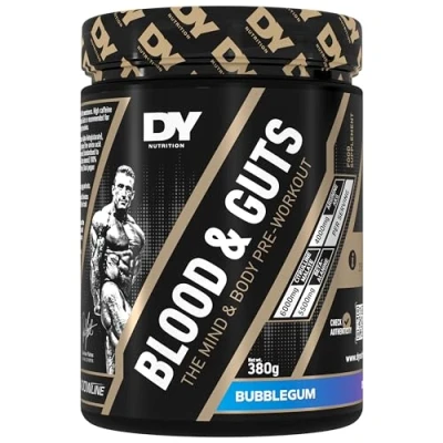 Image of DY Nutrition Blood and Guts Pre Workout Powder, 380g (Bubblegum) High Strength Preworkout with 350mg Caffeine, Citrulline Malate, Beta Alanine, Arginine AKG, L Tyrosine, Vitamin B3 for Men &amp; Women
