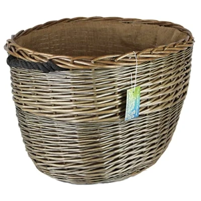Image of Oval Grey &amp; Antiqued Wicker log baskets. Hessian lined. wood kindling storage for home hearths and fireplace. Large burner bin (Rope Handle, 60 cm)