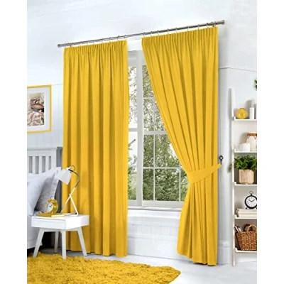 Image of Hachette Thermal Blackout Curtains Pencil Pleat Tape Top Including Pair of Tiebacks (Ochre Yellow, 66&quot; X 72&quot;)