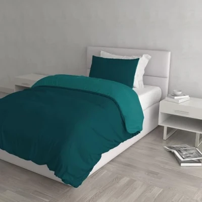 Image of Italian Bed Linen Natural Color Duvet Cover Set with Doubleface Solid Colour Bag Sheet and Pillowcase, 100% Cotton, Petrol Bottle Green, small double